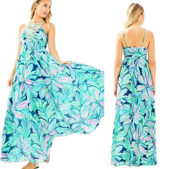 Lilly Pulitzer Dresses & Skirts - LILLY PULITZER Lannette High Tide Dancing Lady Maxi Halter Dress Size 10